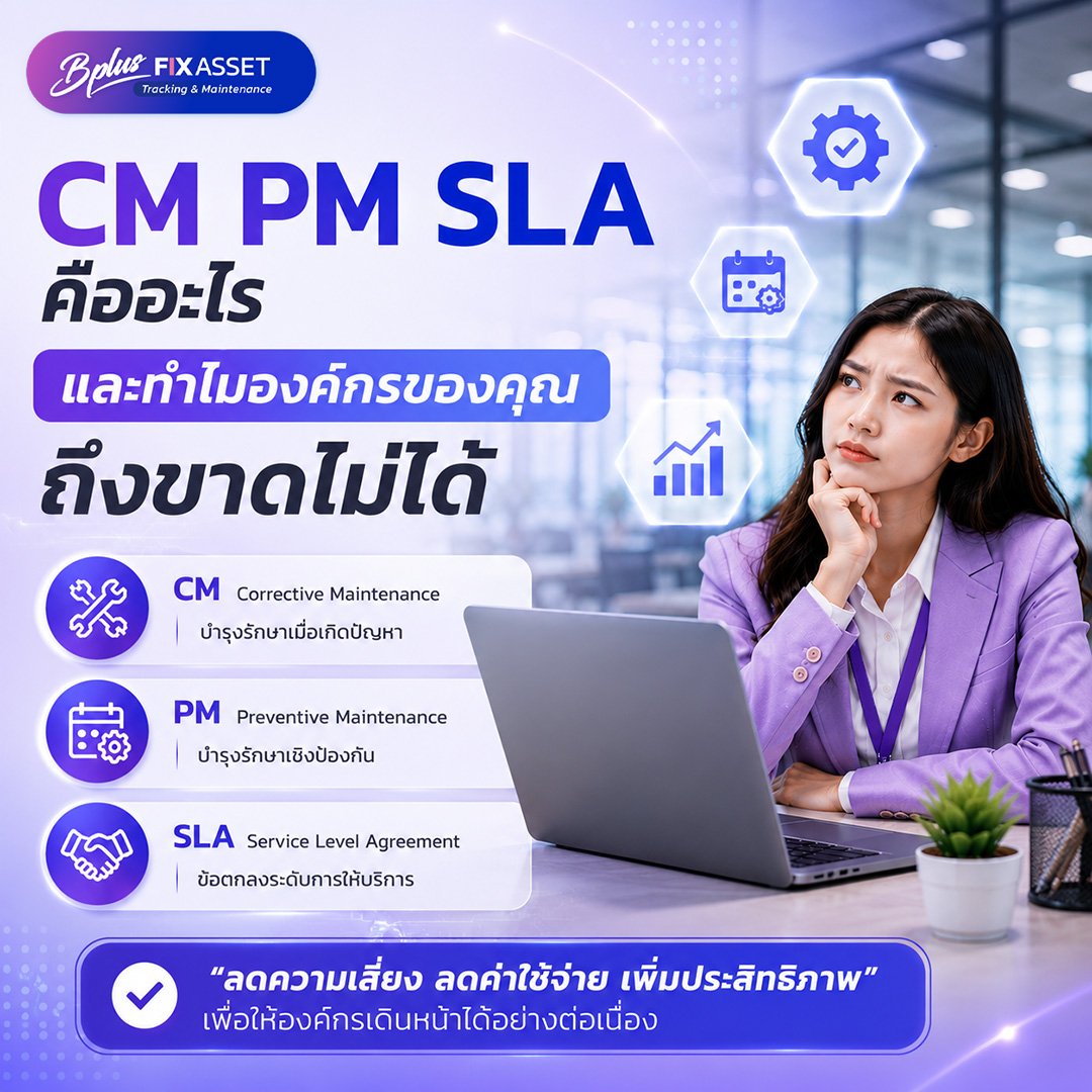 CM PM SLA คืออะไร | ระบบซ่อมบำรุงทรัพย์สินองค์กร BPLUS Fixasset Tracking Real‑Time