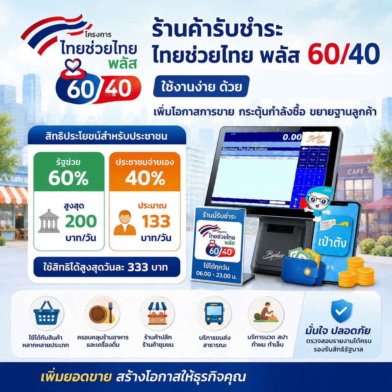 🚨 ร้านค้าพร้อมหรือยัง? รองรับ “ไทยช่วยไทย พลัส 60/40” ได้ทันทีบน Bplus POS ✨