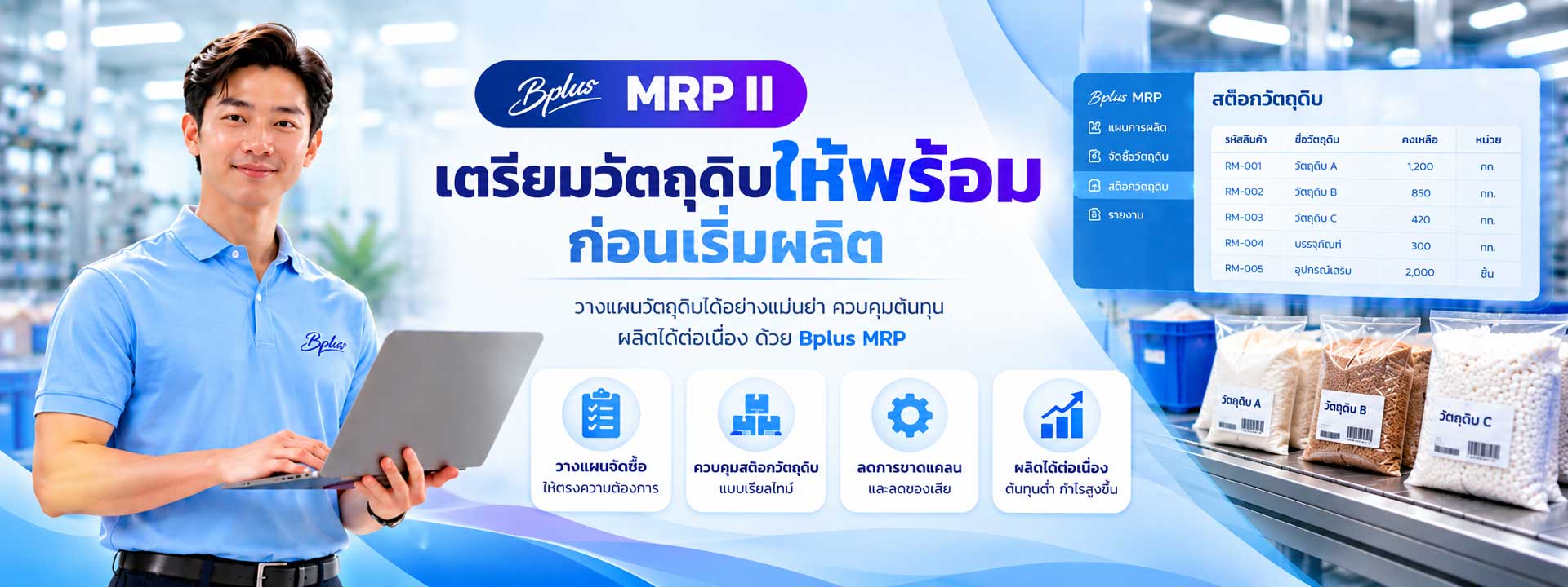 Bplus MRP วางแผนความต้องการวัตถุดิบตามสูตรการผลิต BOM ตรวจสอบสต็อกคงเหลือ และคำนวณยอดที่ต้องซื้อเพิ่มก่อนเริ่มผลิต