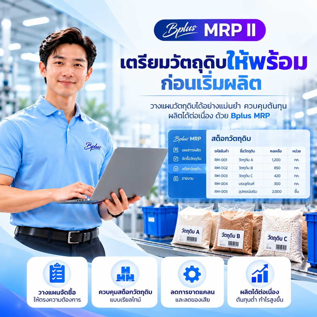 Bplus MRP วางแผนความต้องการวัตถุดิบตามสูตรการผลิต BOM ตรวจสอบสต็อกคงเหลือ และคำนวณยอดที่ต้องซื้อเพิ่มก่อนเริ่มผลิต