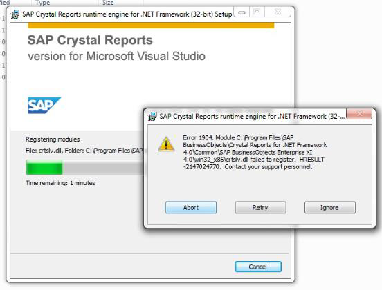 ติดตั้ง SAP Crystal reports runtime มีข้อผิดพลาด 1904 failed to ...