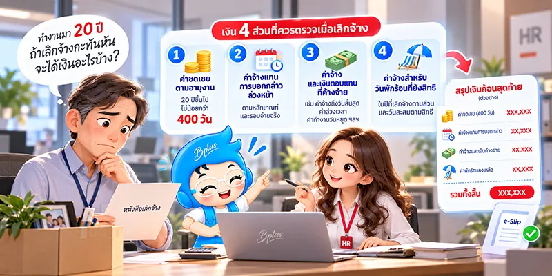 ทำงานมา 20 ปี ถ้าเลิกจ้างกะทันหันจะได้เงินอะไรบ้าง เงิน 4 ส่วนที่ควรตรวจเมื่อเลิกจ้าง: 1 ค่าชดเชยตามอายุงาน 20 ปีขึ้นไปไม่น้อยกว่า 400 วัน 2 ค่าจ้างแทนการบอกกล่าวล่วงหน้า ตามหลักเกณฑ์และรอบจ่ายจริง 3 ค่าจ้างและเงินตอบแทนที่ค้างจ่าย เช่น ค่าจ้างถึงวันสิ้นสุด ค่าล่วงเวลา ค่าทำงานวันหยุด 4 ค่าจ้างสำหรับวันพักร้อนที่ยังมีสิทธิ ในปีที่เลิกจ้างตามส่วนและวันสะสมตามสิทธิ พร้อมสรุปเงินก้อนสุดท้ายแยกรายการบนสลิปออนไลน์