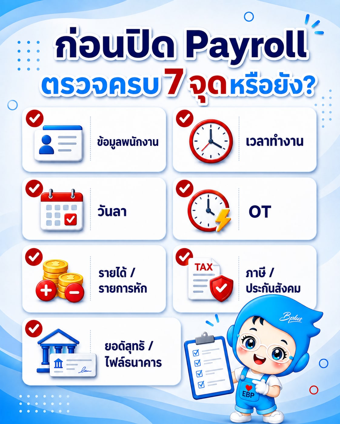 เช็กลิสต์ก่อนปิด Payroll 7 จุด: ข้อมูลพนักงาน เวลาทำงาน วันลา OT รายได้และรายการหัก ภาษีและประกันสังคม ยอดสุทธิและไฟล์ธนาคาร