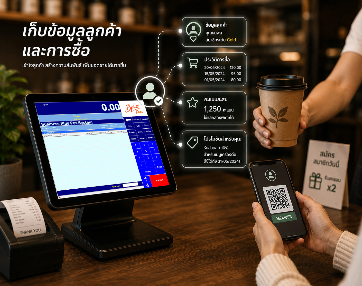 Bplus POS ระบบสมาชิกและ Loyalty เก็บข้อมูลลูกค้า สะสมแต้ม คูปอง และประวัติการซื้อ